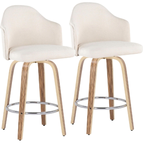 Ahoy 26" Counter Stool in Cream Fabric, Zebra Wood & Chrome Metal (Set of 2)